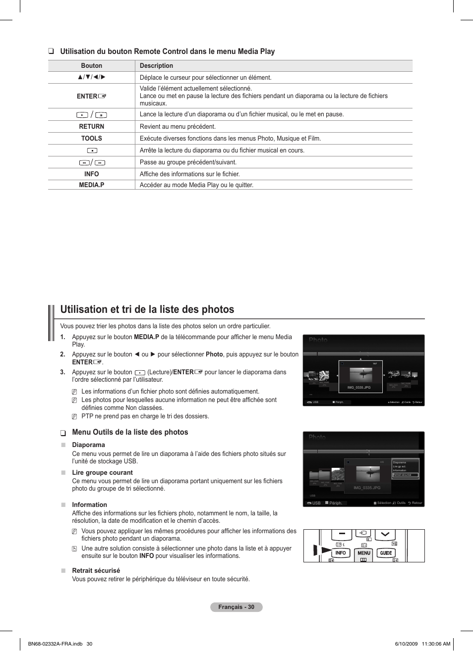 Utilisation et tri de la liste des photos, Menu outils de la liste des photos | Samsung PS50B560T7W User Manual | Page 82 / 400