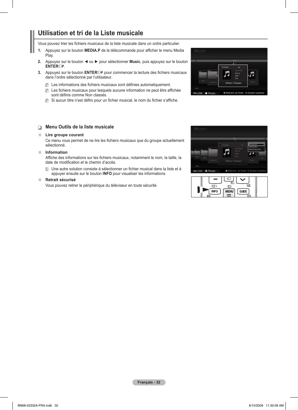 Utilisation et tri de la liste musicale, Menu outils de la liste musicale, Appuyez sur le bouton enter | Lire groupe courant | Samsung PS50B560T7W User Manual | Page 84 / 400