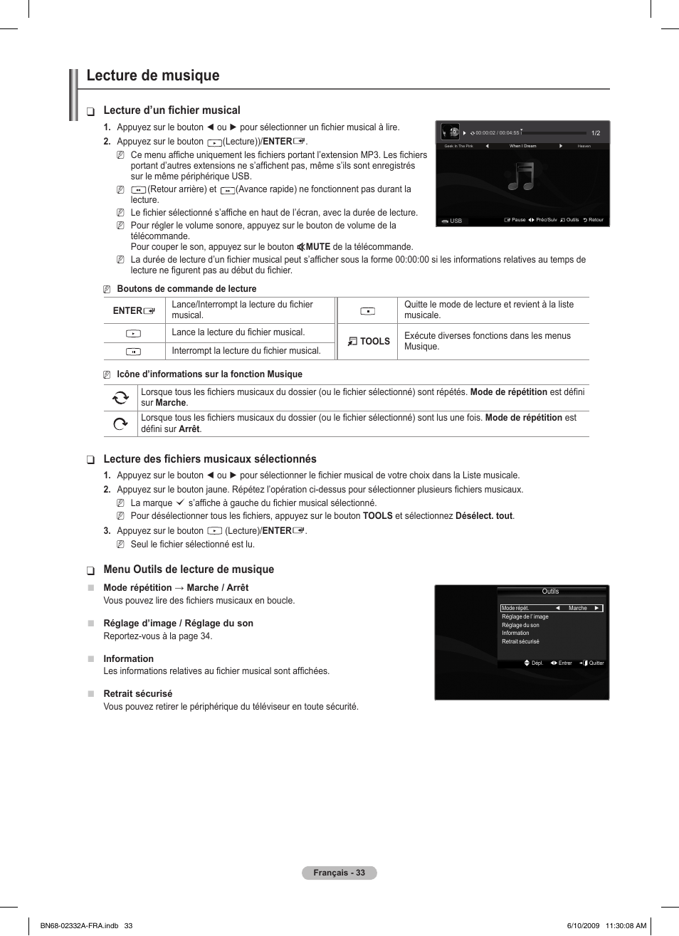 Lecture de musique, Lecture d’un fichier musical, Lecture des fichiers musicaux sélectionnés | Menu outils de lecture de musique | Samsung PS50B560T7W User Manual | Page 85 / 400