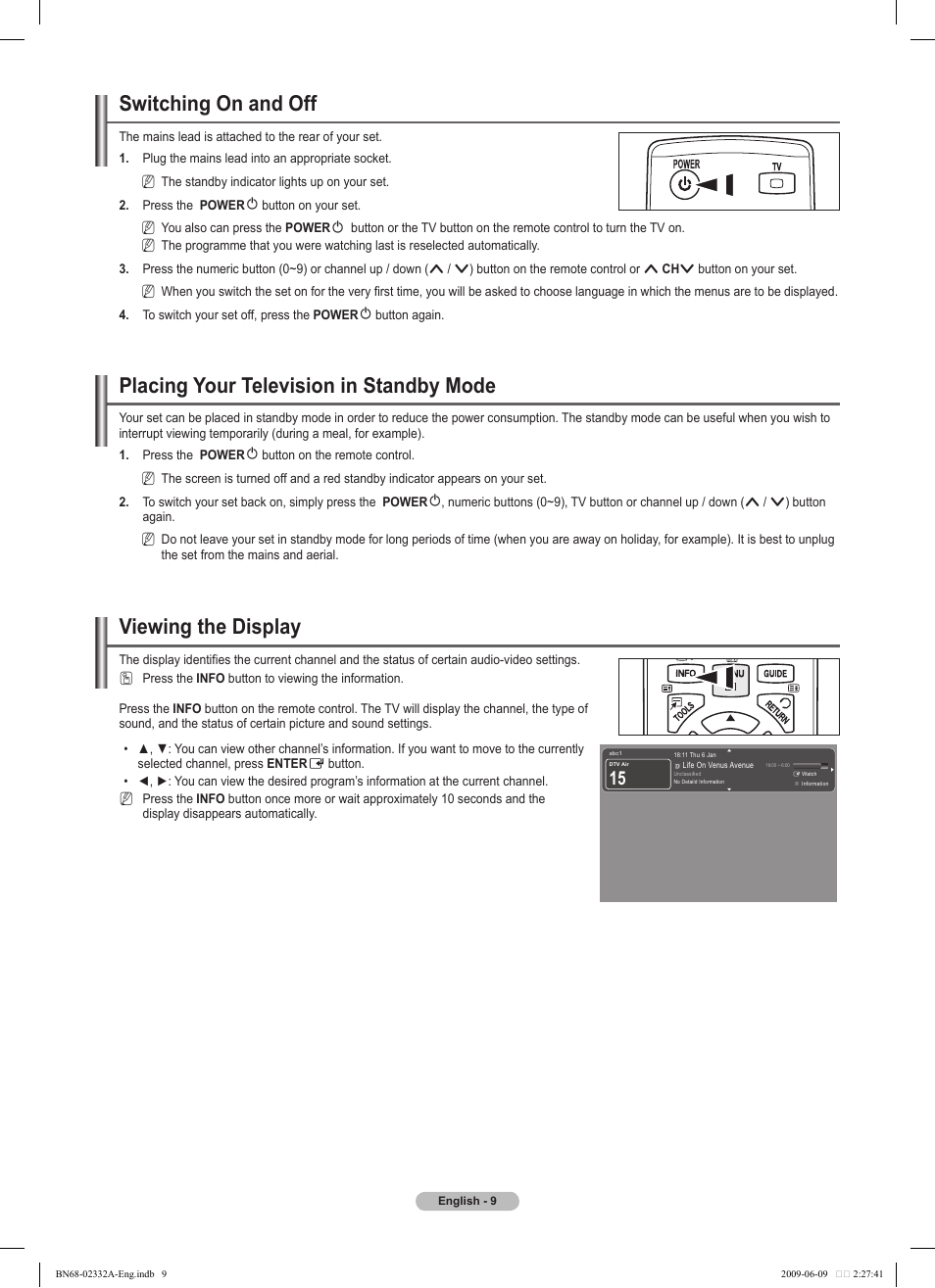 Switching on and off, Placing your television in standby mode, Viewing the display | Samsung PS50B560T7W User Manual | Page 9 / 400