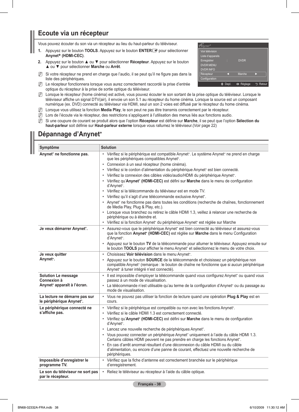 Ecoute via un récepteur, Dépannage d’anynet | Samsung PS50B560T7W User Manual | Page 90 / 400