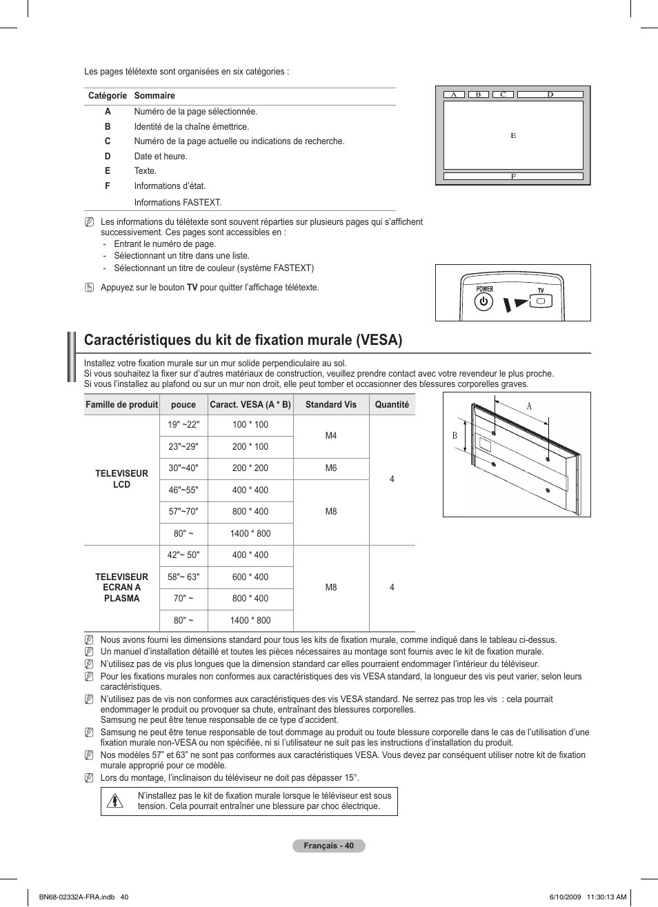 Caractéristiques du kit de fixation murale (vesa) | Samsung PS50B560T7W User Manual | Page 92 / 400