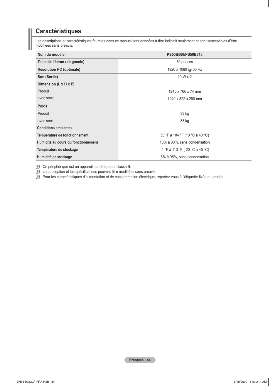 Caractéristiques | Samsung PS50B560T7W User Manual | Page 96 / 400