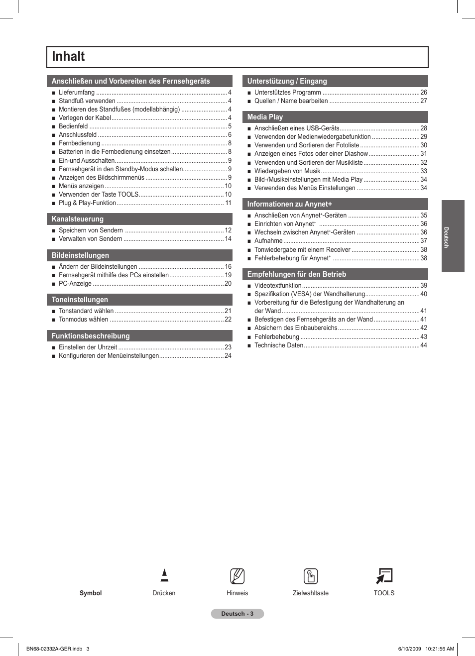 No t, Inhalt | Samsung PS50B560T7W User Manual | Page 98 / 400