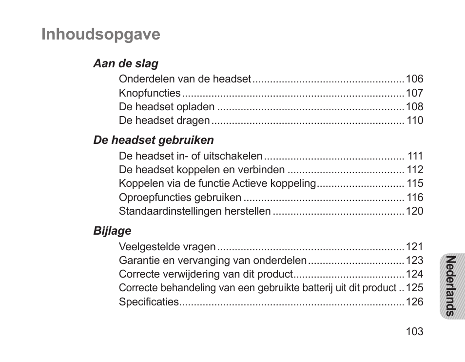 Nederlands, Inhoudsopgave | Samsung HM1200 User Manual | Page 106 / 130