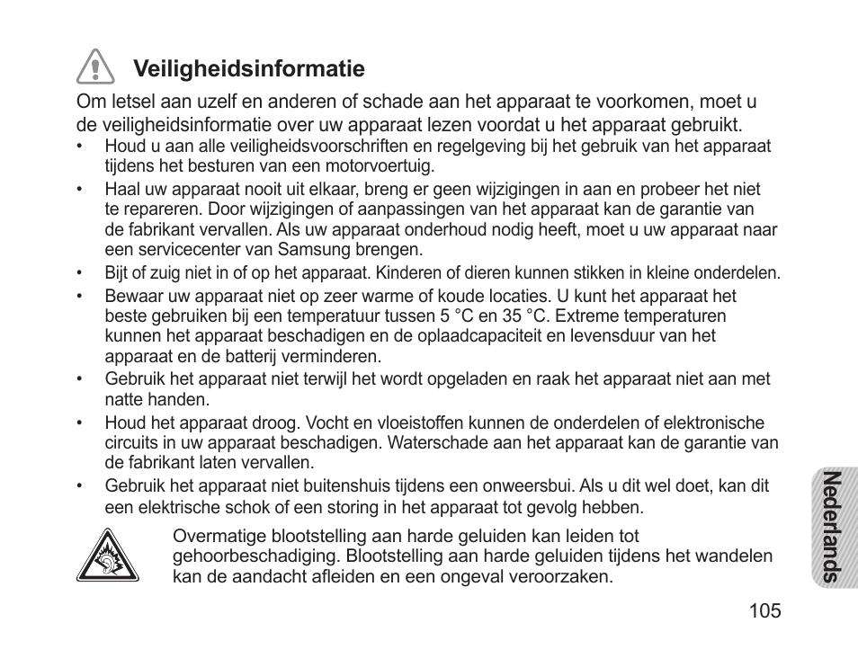 Nederlands veiligheidsinformatie | Samsung HM1200 User Manual | Page 108 / 130