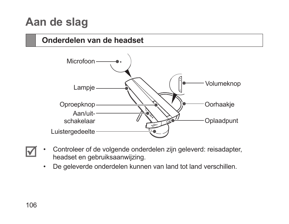 Aan de slag, Onderdelen van de headset | Samsung HM1200 User Manual | Page 109 / 130