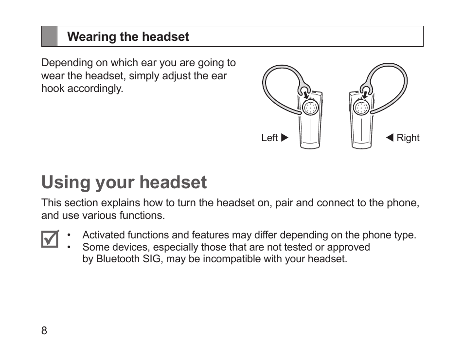 Wearing the headset, Using your headset | Samsung HM1200 User Manual | Page 11 / 130