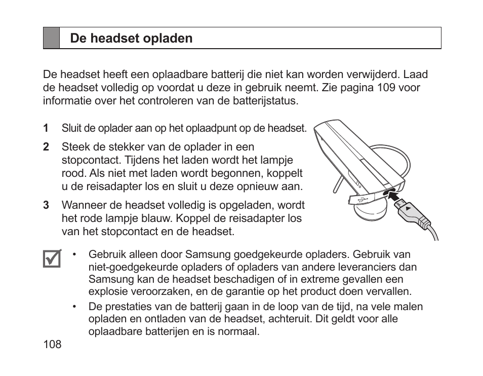 De headset opladen | Samsung HM1200 User Manual | Page 111 / 130