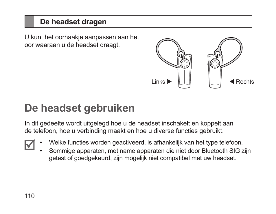 De headset dragen, De headset gebruiken | Samsung HM1200 User Manual | Page 113 / 130