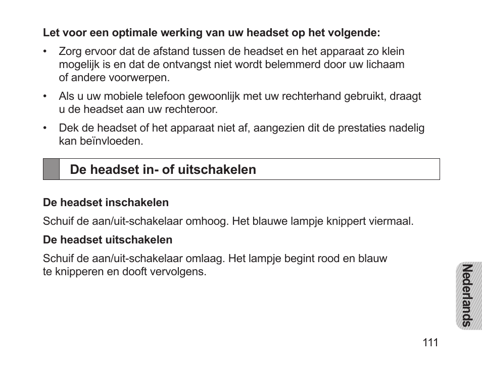 De headset in- of uitschakelen | Samsung HM1200 User Manual | Page 114 / 130