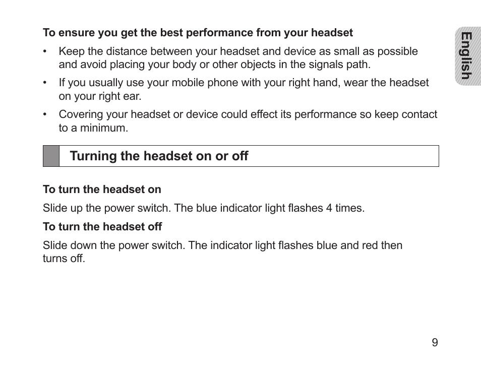 Turning the headset on or off | Samsung HM1200 User Manual | Page 12 / 130