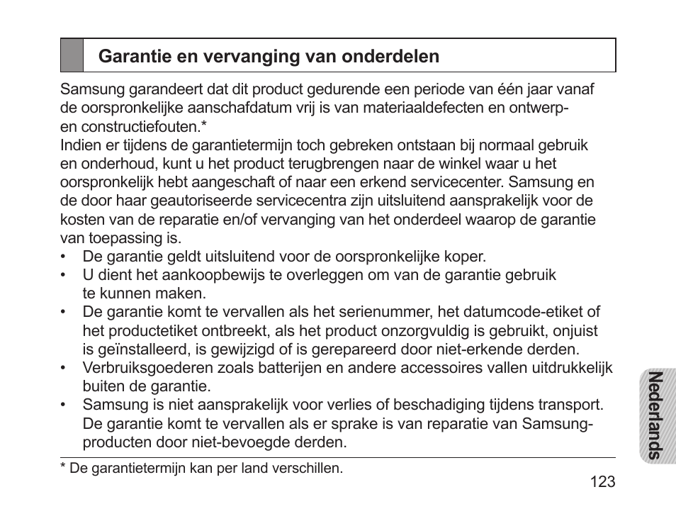 Garantie en vervanging van onderdelen | Samsung HM1200 User Manual | Page 126 / 130