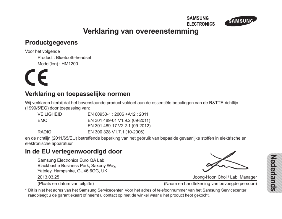 Nederlands, Verklaring van overeenstemming, Productgegevens | Verklaring en toepasselijke normen | Samsung HM1200 User Manual | Page 130 / 130