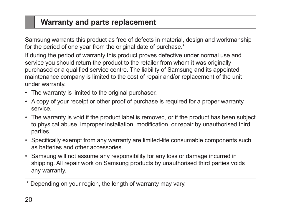 Warranty and parts replacement | Samsung HM1200 User Manual | Page 23 / 130