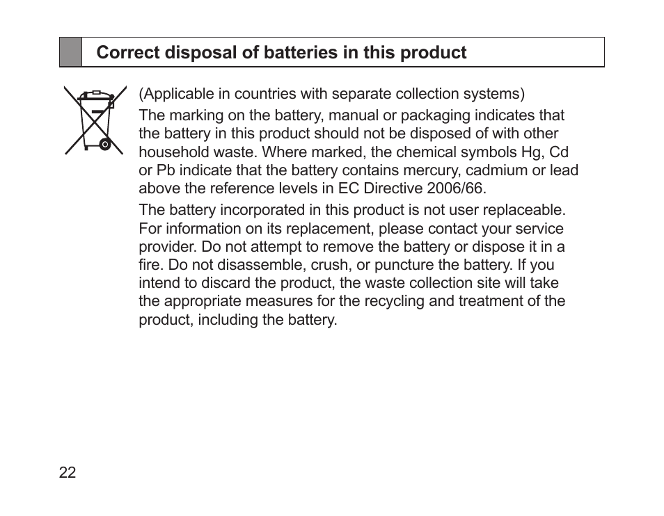Correct disposal of batteries in this product | Samsung HM1200 User Manual | Page 25 / 130