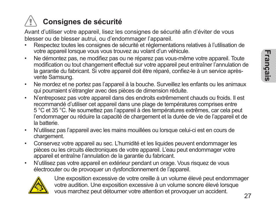 Français consignes de sécurité | Samsung HM1200 User Manual | Page 30 / 130