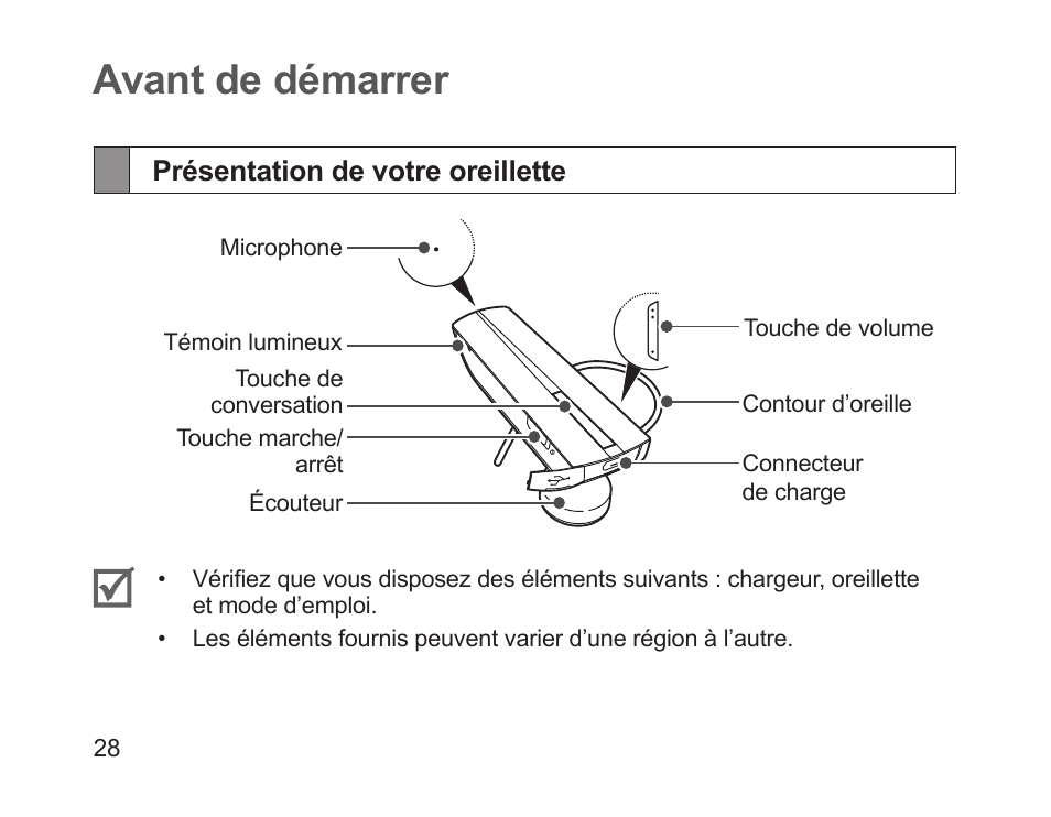 Avant de démarrer, Présentation de votre oreillette | Samsung HM1200 User Manual | Page 31 / 130