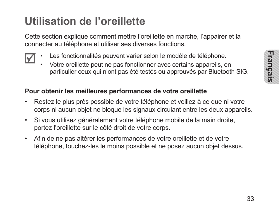 Utilisation de l’oreillette | Samsung HM1200 User Manual | Page 36 / 130