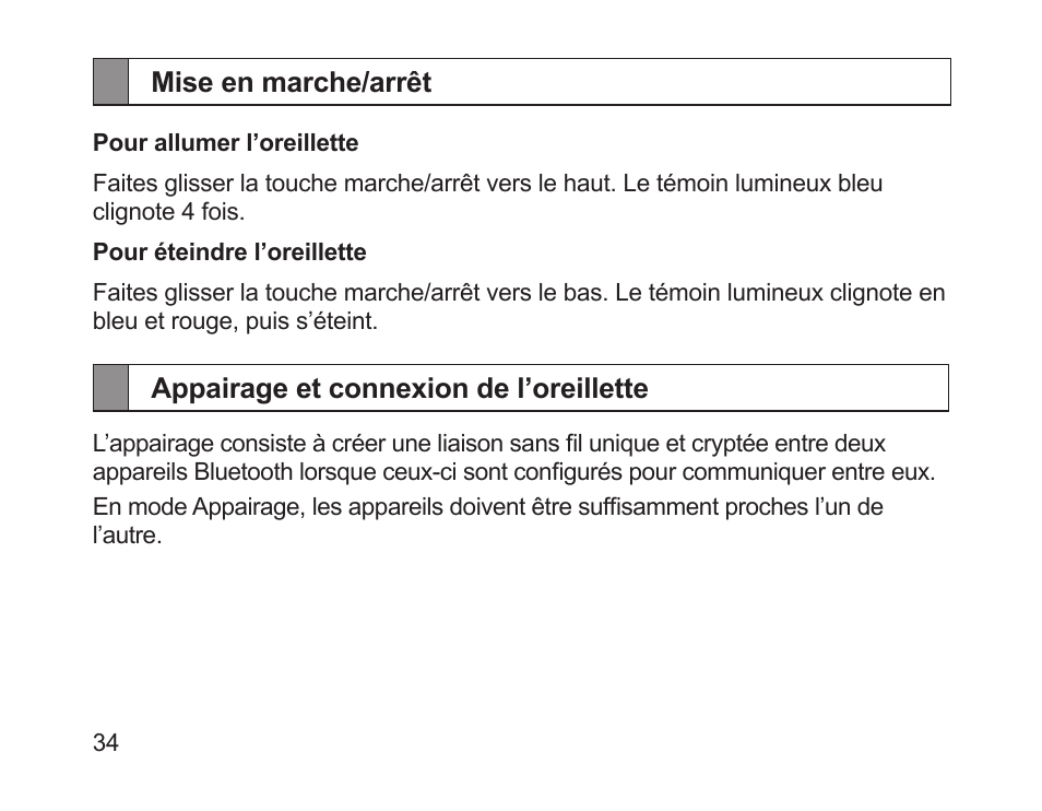 Mise en marche/arrêt, Appairage et connexion de l’oreillette | Samsung HM1200 User Manual | Page 37 / 130