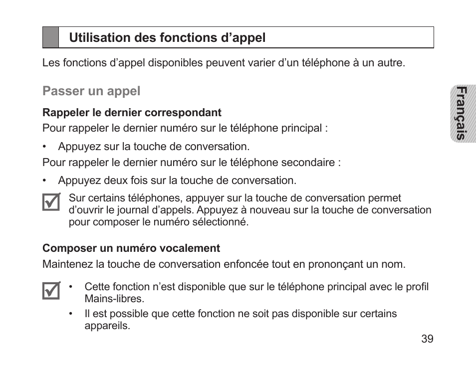 Utilisation des fonctions d’appel | Samsung HM1200 User Manual | Page 42 / 130