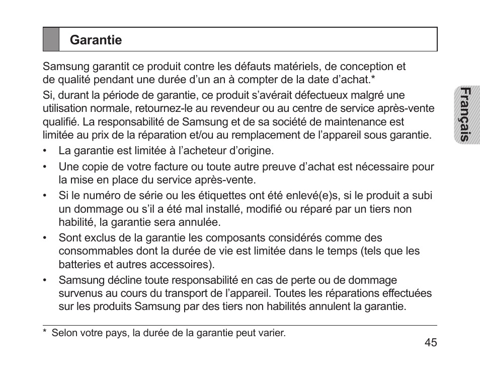 Garantie | Samsung HM1200 User Manual | Page 48 / 130