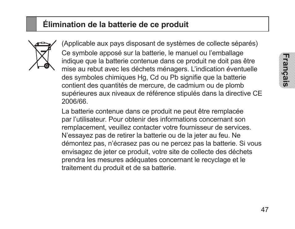 Élimination de la batterie de ce produit | Samsung HM1200 User Manual | Page 50 / 130