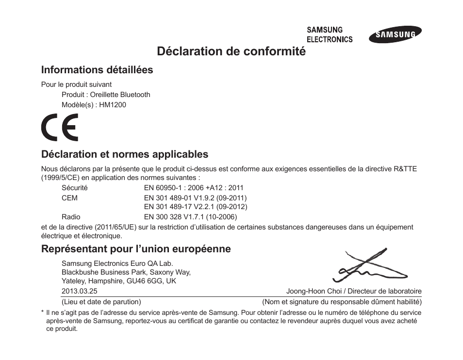 Déclaration de conformité, Informations détaillées, Déclaration et normes applicables | Représentant pour l’union européenne | Samsung HM1200 User Manual | Page 52 / 130