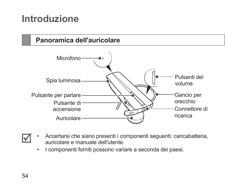 Introduzione, Panoramica dell'auricolare | Samsung HM1200 User Manual | Page 57 / 130