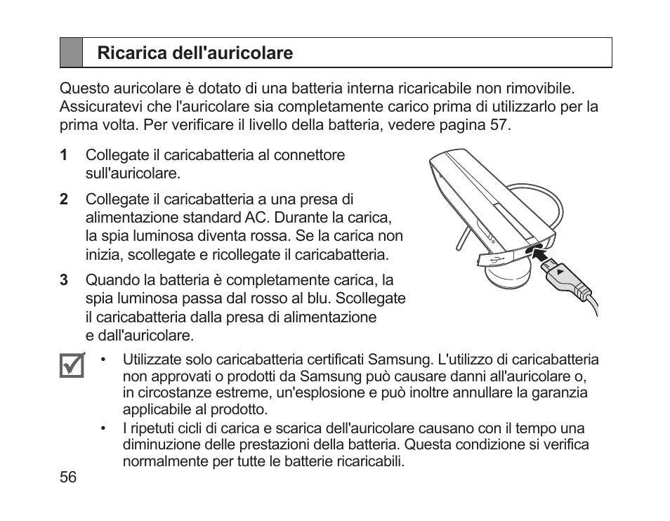 Ricarica dell'auricolare | Samsung HM1200 User Manual | Page 59 / 130