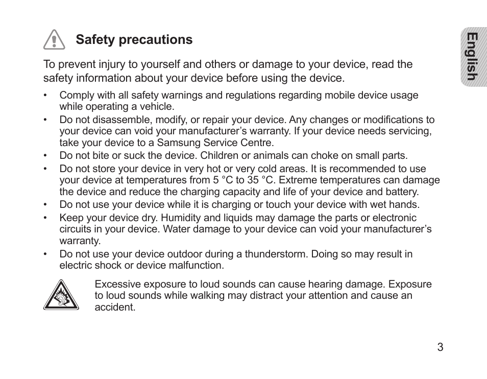 English safety precautions | Samsung HM1200 User Manual | Page 6 / 130