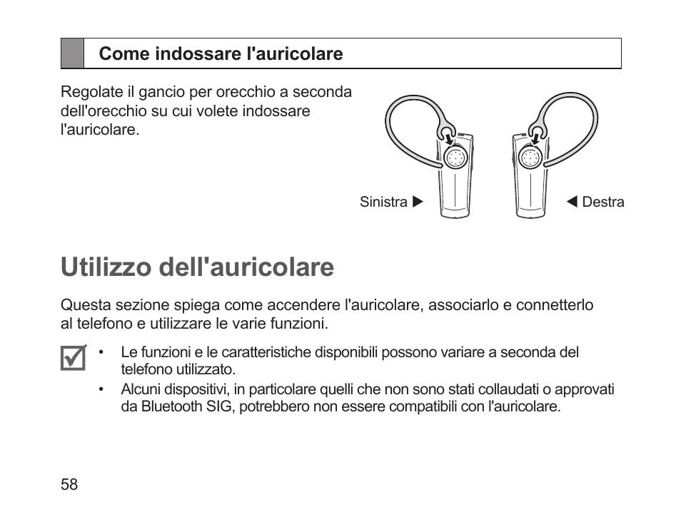 Come indossare l'auricolare, Utilizzo dell'auricolare | Samsung HM1200 User Manual | Page 61 / 130