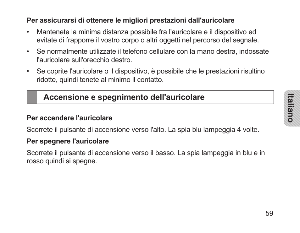Accensione e spegnimento dell'auricolare | Samsung HM1200 User Manual | Page 62 / 130