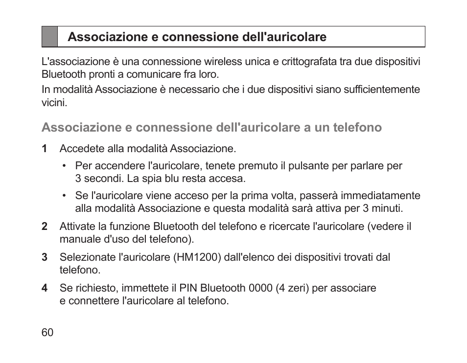 Associazione e connessione dell'auricolare | Samsung HM1200 User Manual | Page 63 / 130