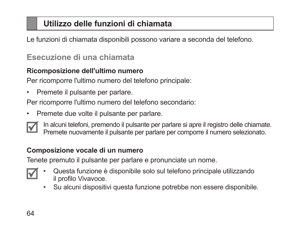 Utilizzo delle funzioni di chiamata | Samsung HM1200 User Manual | Page 67 / 130