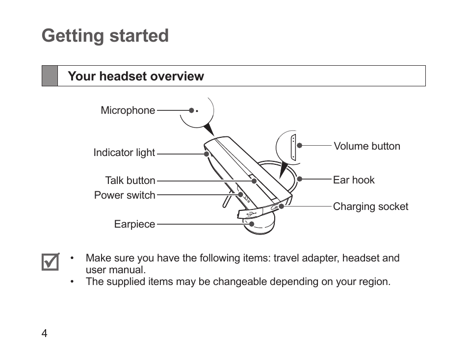 Getting started, Your headset overview | Samsung HM1200 User Manual | Page 7 / 130
