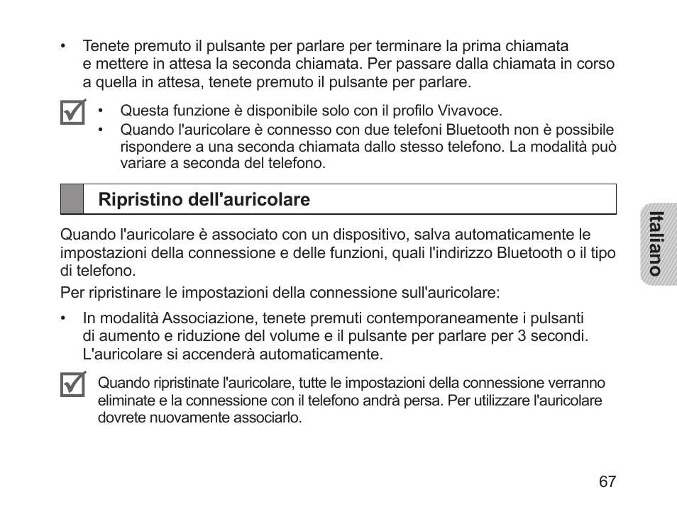 Ripristino dell'auricolare | Samsung HM1200 User Manual | Page 70 / 130