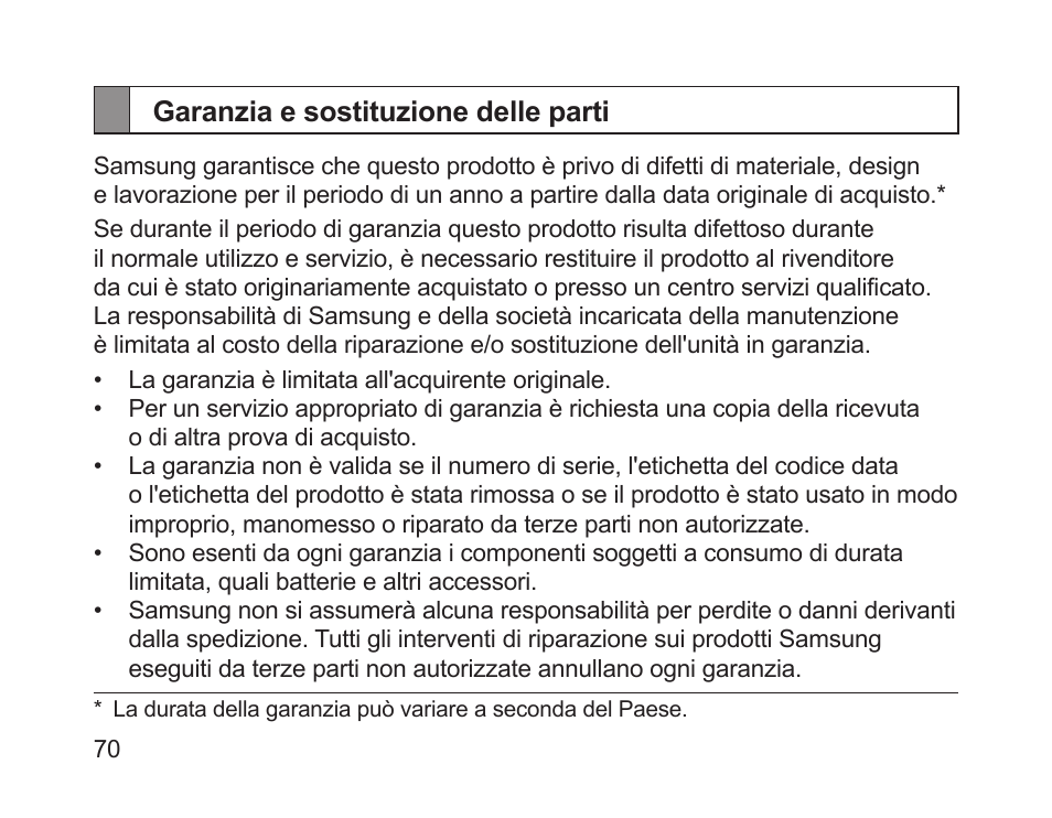 Garanzia e sostituzione delle parti | Samsung HM1200 User Manual | Page 73 / 130