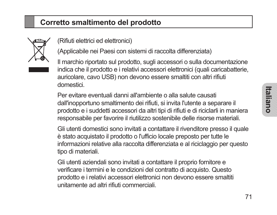 Corretto smaltimento del prodotto | Samsung HM1200 User Manual | Page 74 / 130