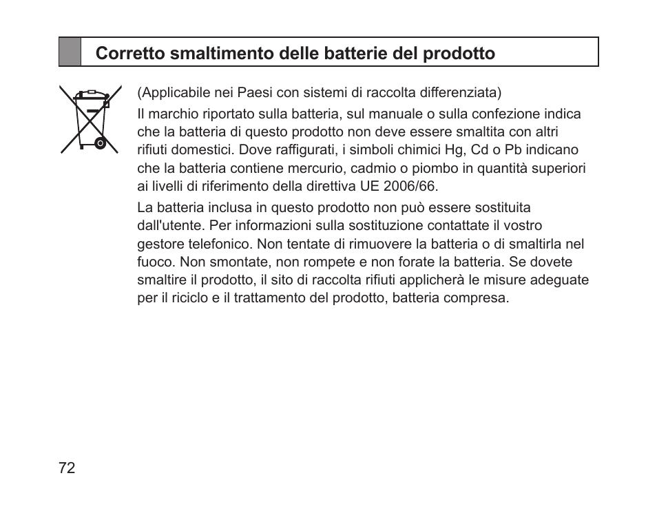 Corretto smaltimento delle batterie del prodotto | Samsung HM1200 User Manual | Page 75 / 130