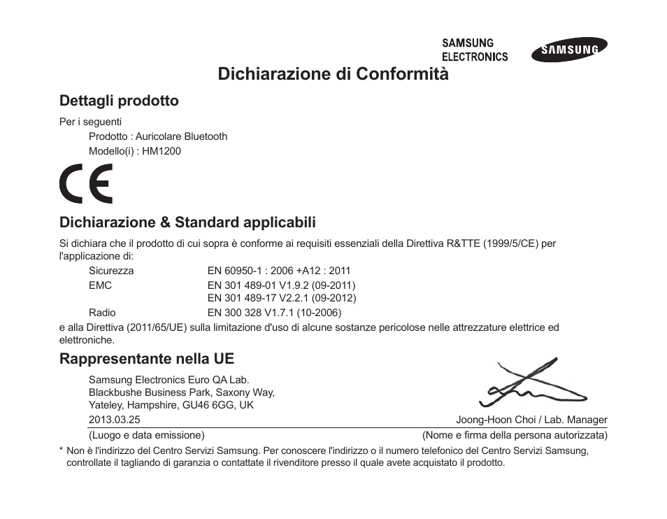 Dichiarazione di conformità, Dettagli prodotto, Dichiarazione & standard applicabili | Rappresentante nella ue | Samsung HM1200 User Manual | Page 77 / 130