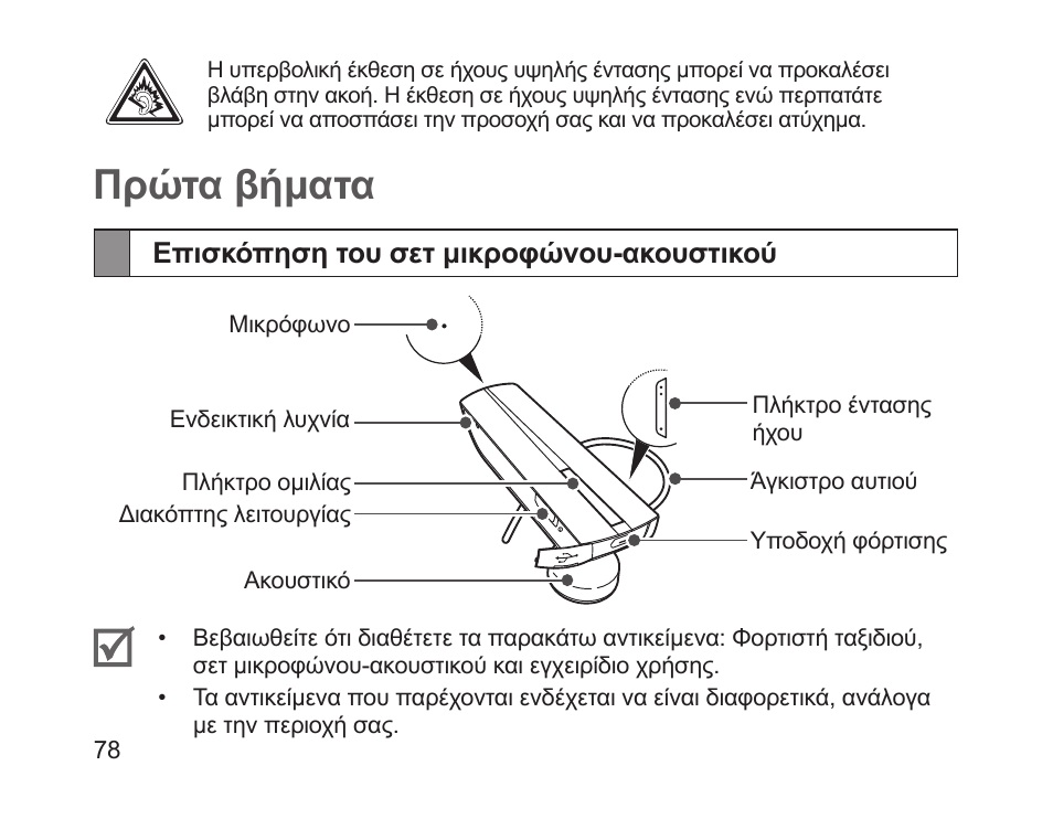 Πρώτα βήματα, Επισκόπηση του σετ μικροφώνου-ακουστικού | Samsung HM1200 User Manual | Page 81 / 130