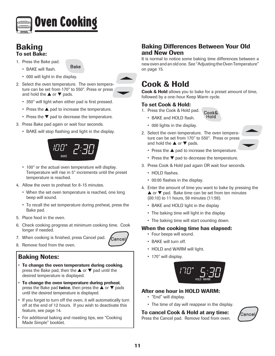 Oven cooking, Baking, Cook & hold | Baking differences between your old and new oven | Amana 8113P454-60 User Manual | Page 12 / 84
