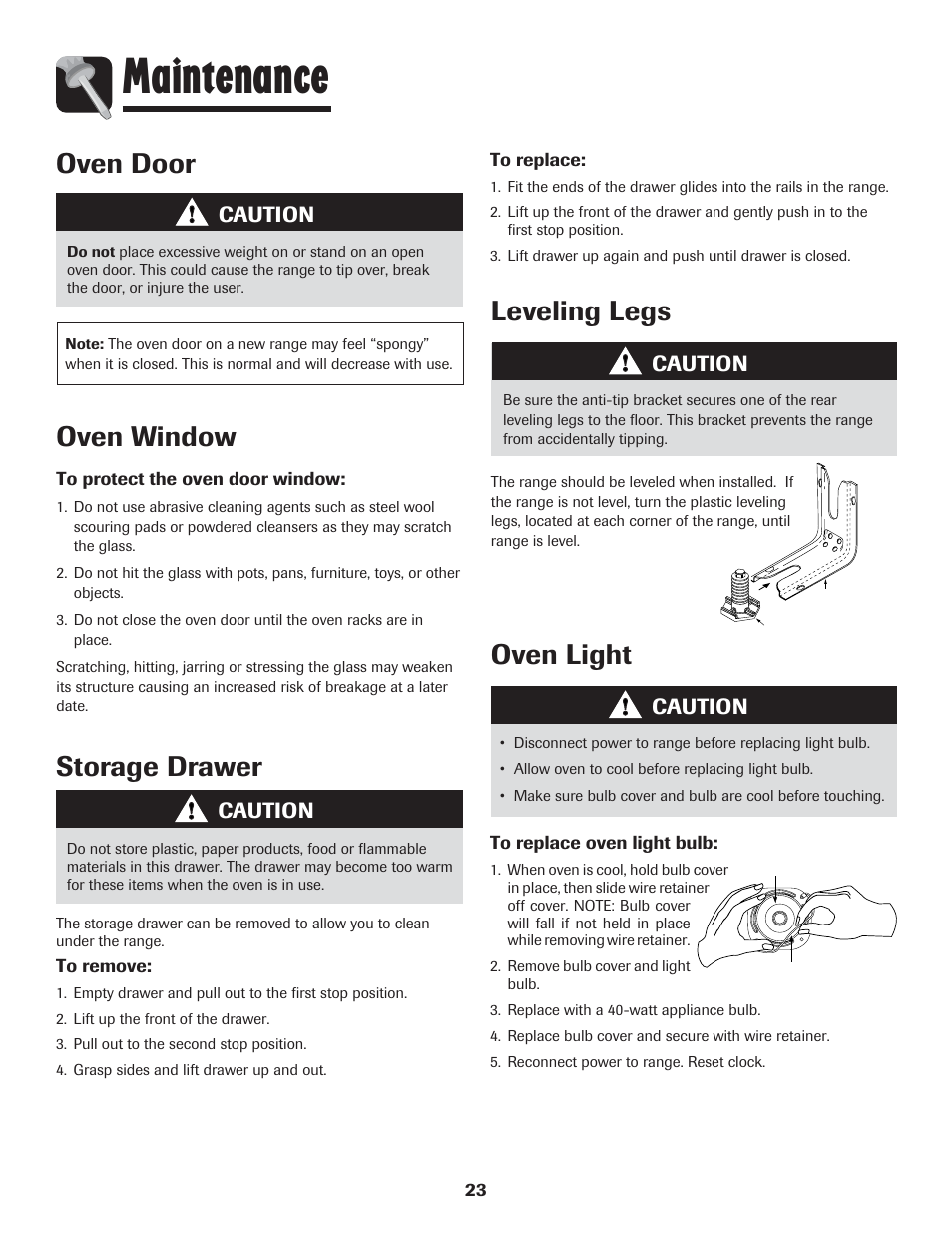 Maintenance, Oven door, Oven window | Leveling legs, Oven light, Storage drawer, Caution | Amana 8113P454-60 User Manual | Page 24 / 84
