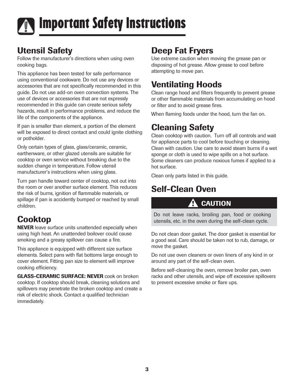 Important safety instructions, Deep fat fryers, Ventilating hoods | Cleaning safety, Self-clean oven, Utensil safety, Cooktop | Amana 8113P454-60 User Manual | Page 4 / 84