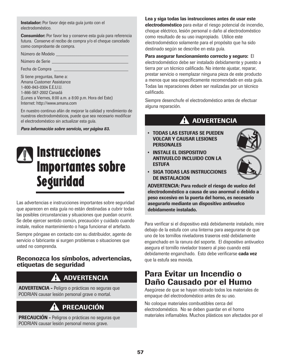 Instrucciones importantes sobre seguridad, Para evitar un incendio o daño causado por el humo | Amana 8113P454-60 User Manual | Page 58 / 84