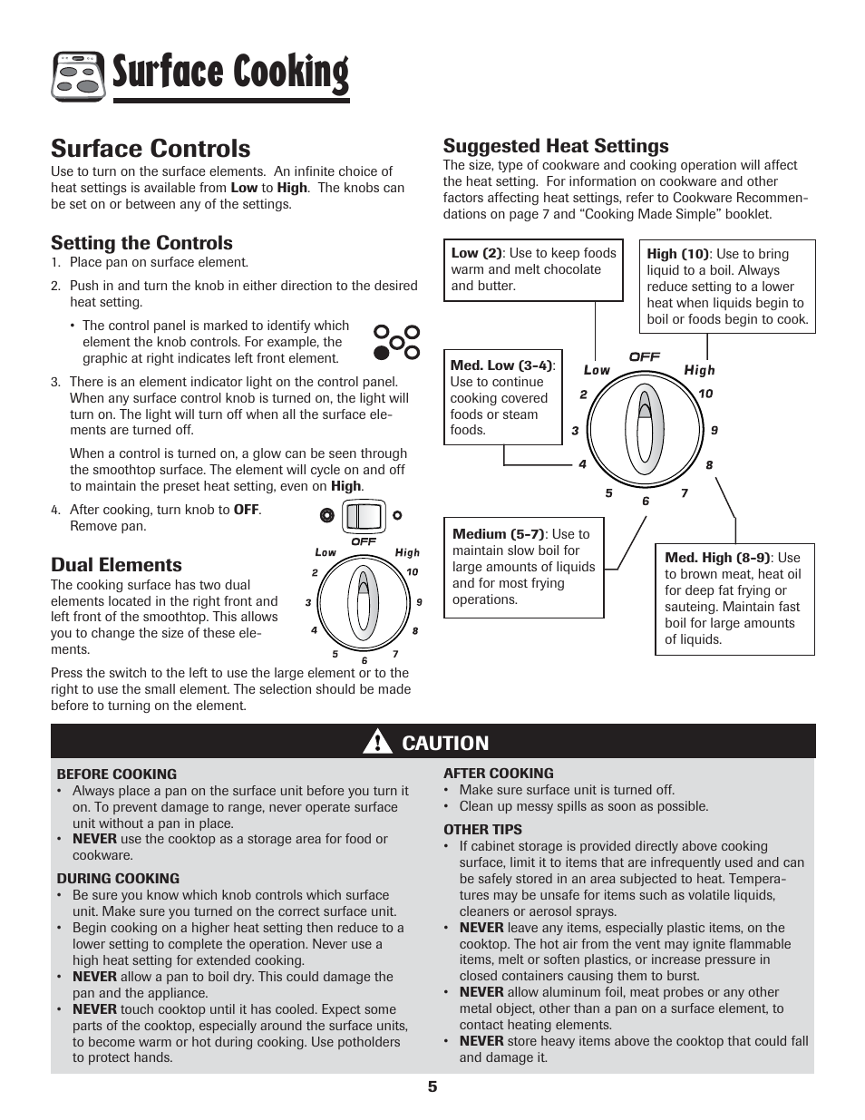 Surface cooking, Surface controls, Setting the controls | Dual elements, Caution suggested heat settings | Amana 8113P454-60 User Manual | Page 6 / 84