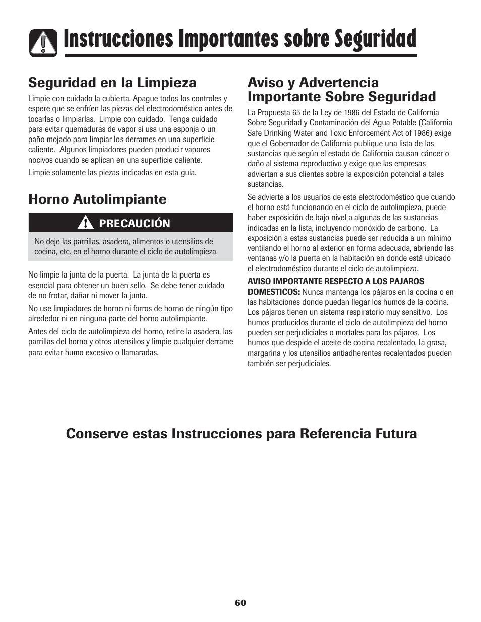 Instrucciones importantes sobre seguridad, Seguridad en la limpieza, Horno autolimpiante | Aviso y advertencia importante sobre seguridad | Amana 8113P454-60 User Manual | Page 61 / 84