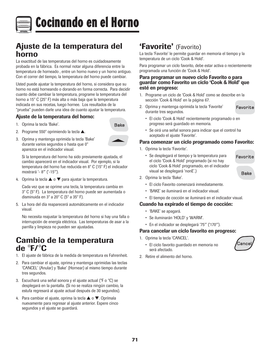 Cocinando en el horno, Favorite, Ajuste de la temperatura del horno | Cambio de la temperatura de, Favorito) | Amana 8113P454-60 User Manual | Page 72 / 84