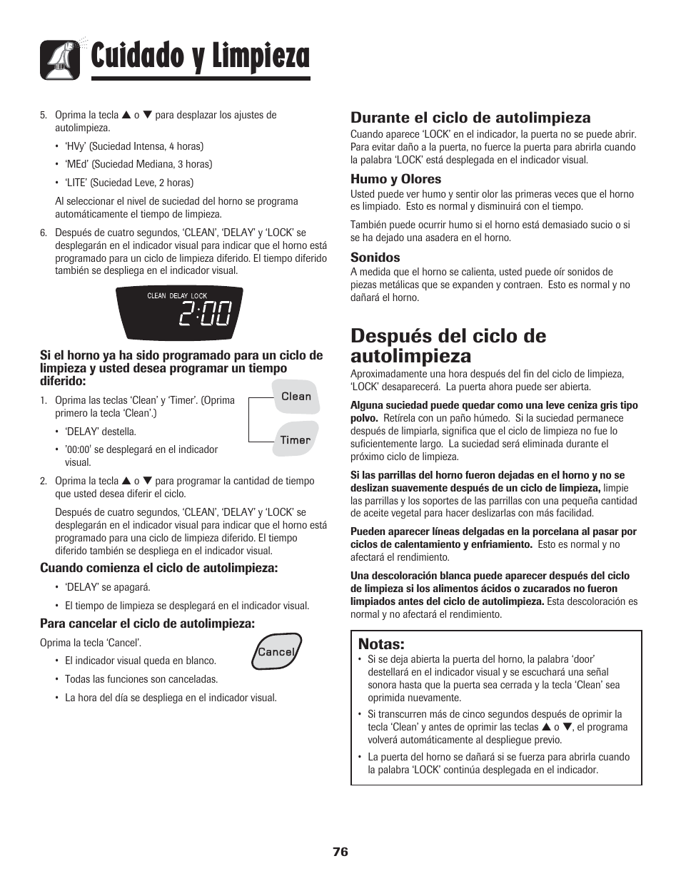 Cuidado y limpieza, Después del ciclo de autolimpieza, Notas | Durante el ciclo de autolimpieza | Amana 8113P454-60 User Manual | Page 77 / 84